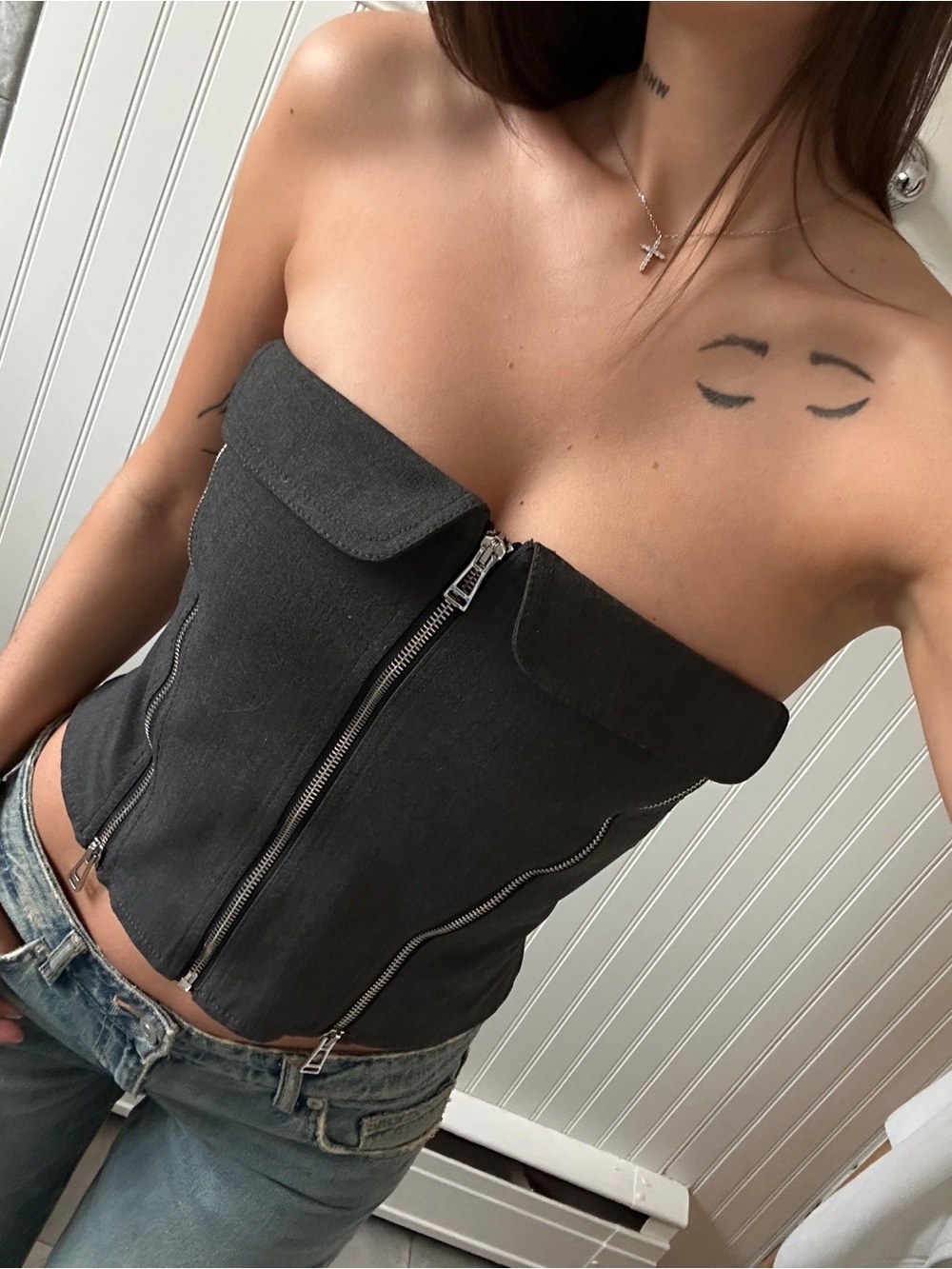 Zara Gray Strapless Zip-Front Corset Top bustier size S